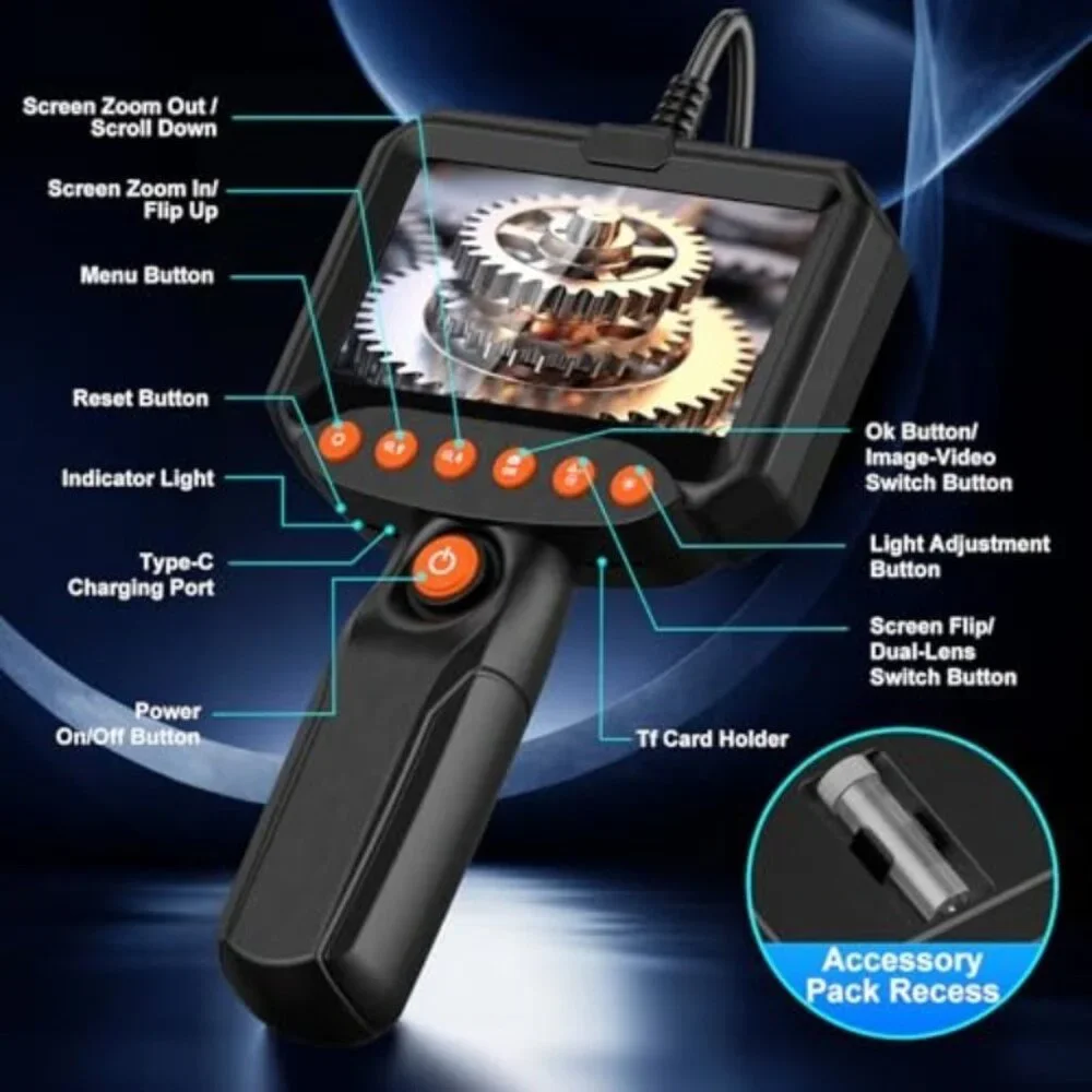 Dual Lens Endoscope Camera with Light, 1920P HD Industrial Borescope with 4.3